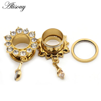 Alisouy 2pcs Water Drop Crystal Dangle Stainless Steel Ear Gauges Plugs Tunnel Expander Earring Stretcher Piercing Body Jewelry