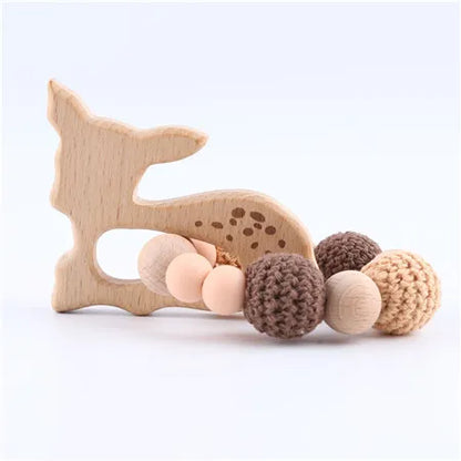 1pc Wooden Teether Aniaml Sika Deer DIY Crafts Baby Bracelet Rattles Beech Wood Rodent Crochet Beads Gifts For Kids Products Toy