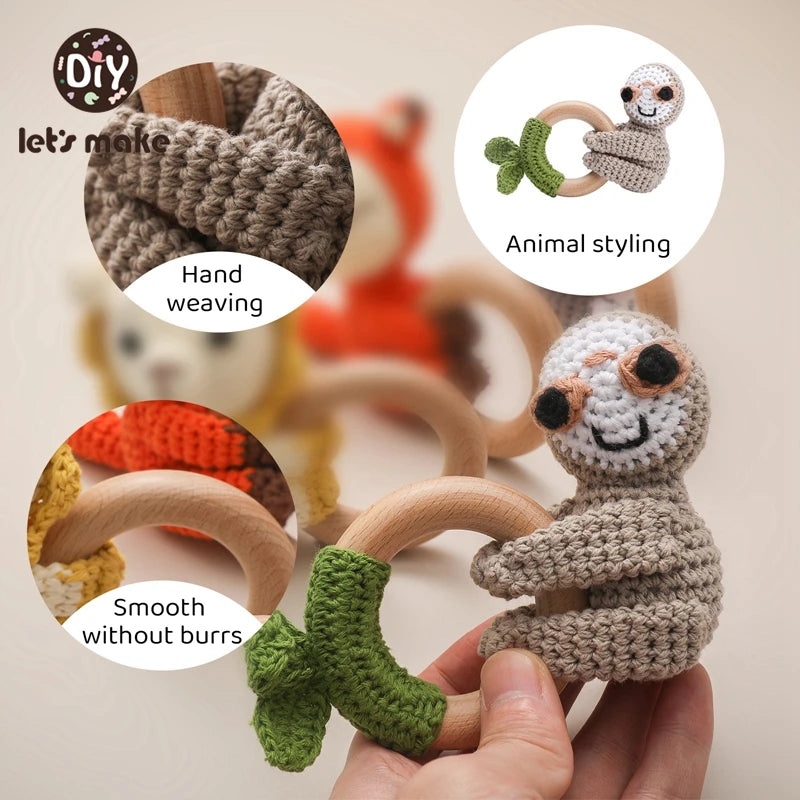 Baby Rattle Toys Cartoon Crochet Animal New DIY Beech Wood Bracelet BPA Free Baby Teether Newborn Educational Toy Gift