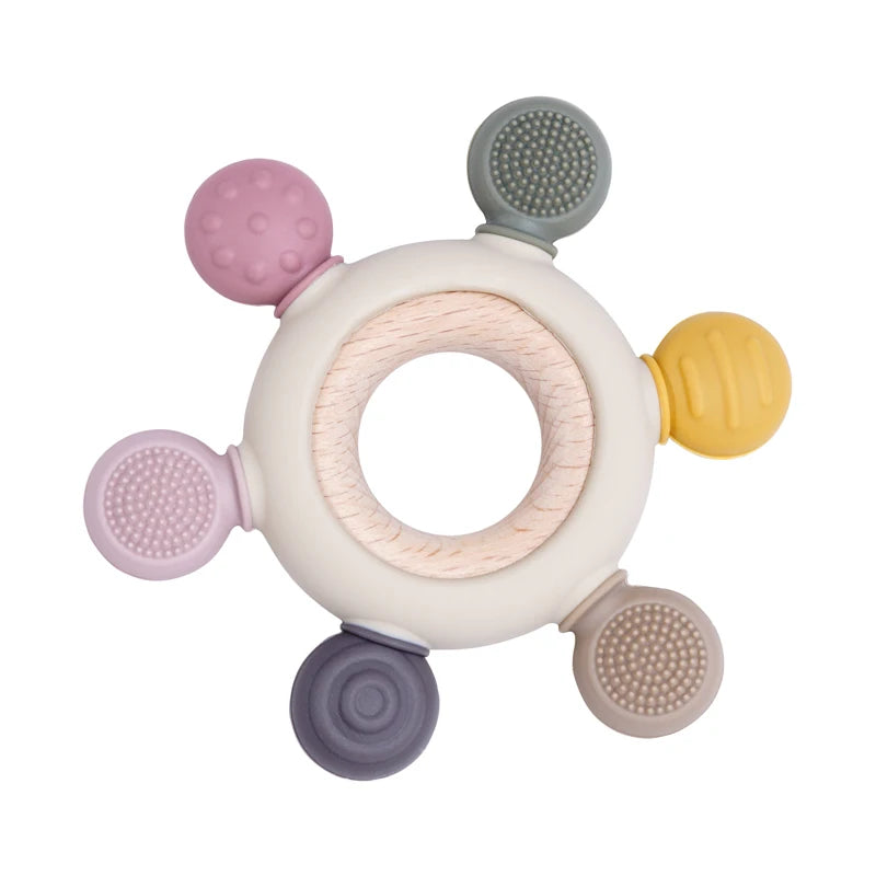 Color Kids 1PCS Silicone Baby Teether Toy BPA Free Wooden Ring Teething Chew Toy Healthy Infant Nursing Gift Newborn