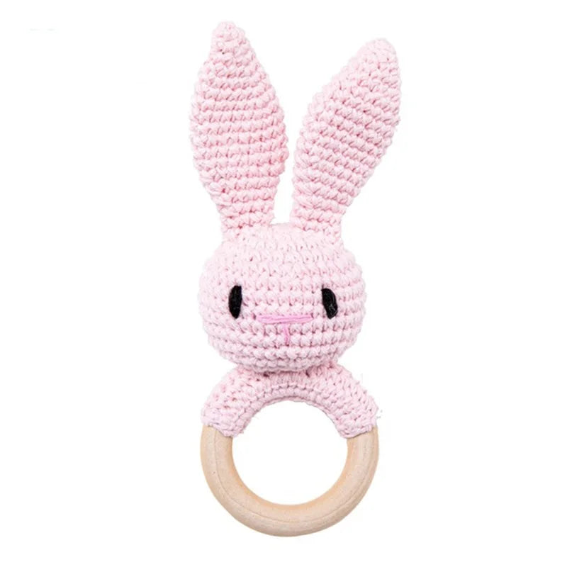 Baby Rattle Toys For Children 1Pc Smooth Beech Wood Teething Crochet Elk Fox Bear Teether Montessori Educational Toys For Kids