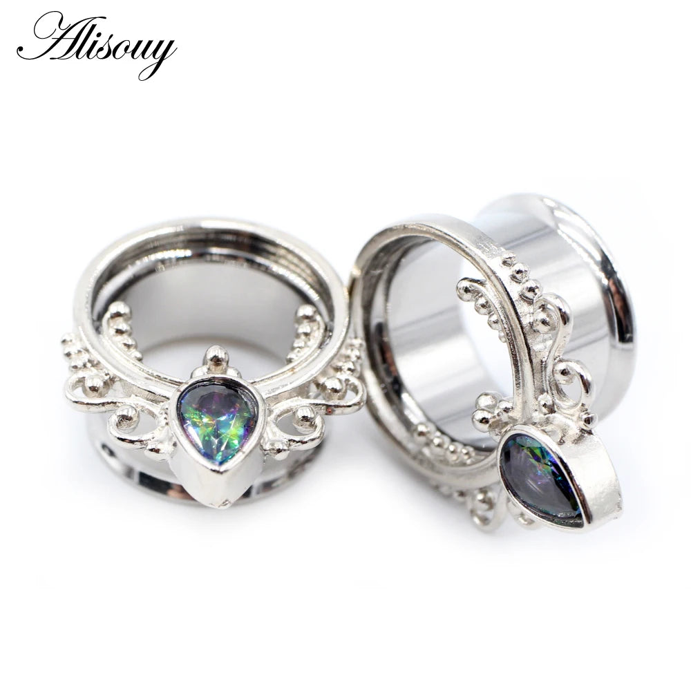 Alisouy 2pcs Punk Stainless Steel Water Drop Zircon Ear Tunnels Plugs Ear Expander Flesh Gauges Stretchers Body Piercing Jewelry