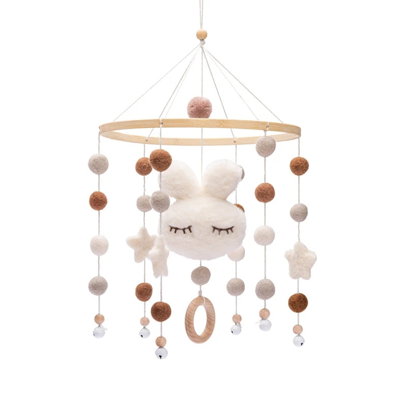 Baby Soft Felt Cartoon Wool Ball Seashell Rattles Hanging Bed Bell Newborn Mobile Crib Wooden Bracket Montessori Education Toys