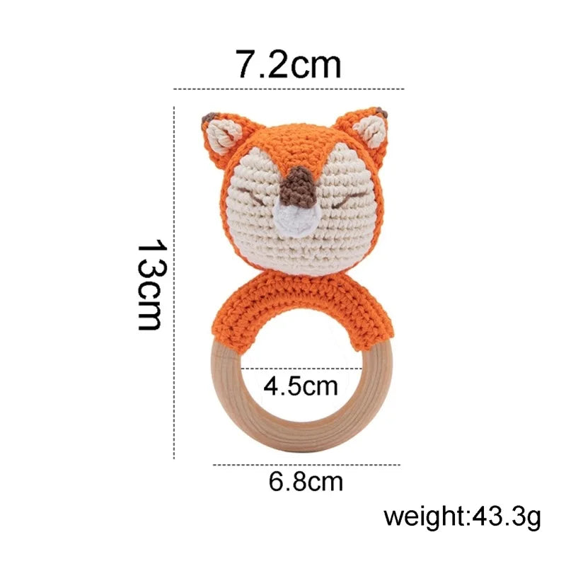 Baby Rattle Toys For Children 1Pc Smooth Beech Wood Teething Crochet Elk Fox Bear Teether Montessori Educational Toys For Kids