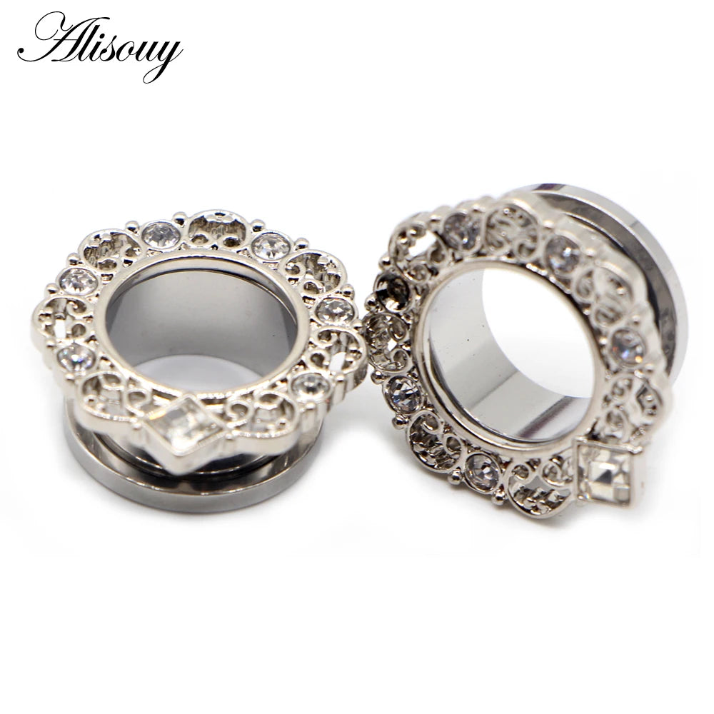 Alisouy 2pcs Water Drop Crystal Dangle Stainless Steel Ear Gauges Plugs Tunnel Expander Earring Stretcher Piercing Body Jewelry