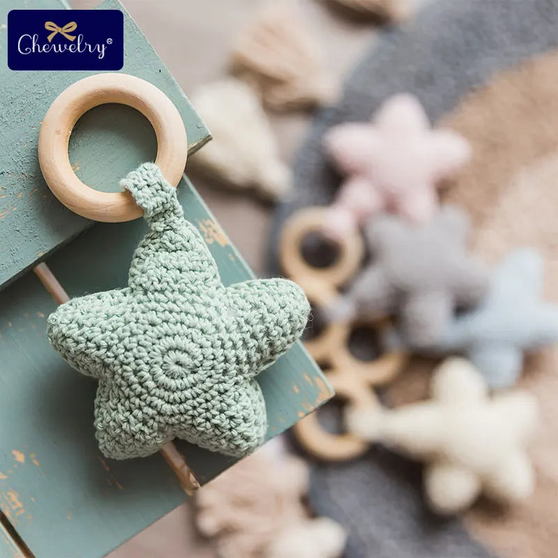 Baby Rattle Bells Crochet Knitted Star Baby Play Gym 1pc Baby Teething Wooden Ring Teether Pendant For Kids Gift Montessori Toys