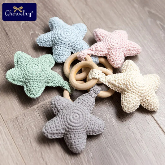 Baby Rattle Bells Crochet Knitted Star Baby Play Gym 1pc Baby Teething Wooden Ring Teether Pendant For Kids Gift Montessori Toys