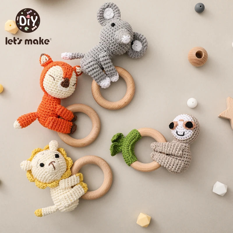 Baby Rattle Toys Cartoon Crochet Animal New DIY Beech Wood Bracelet BPA Free Baby Teether Newborn Educational Toy Gift