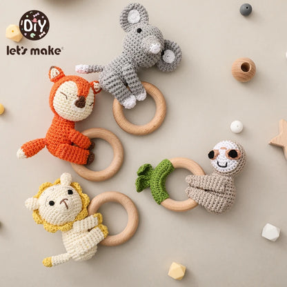 Baby Rattle Toys Cartoon Crochet Animal New DIY Beech Wood Bracelet BPA Free Baby Teether Newborn Educational Toy Gift
