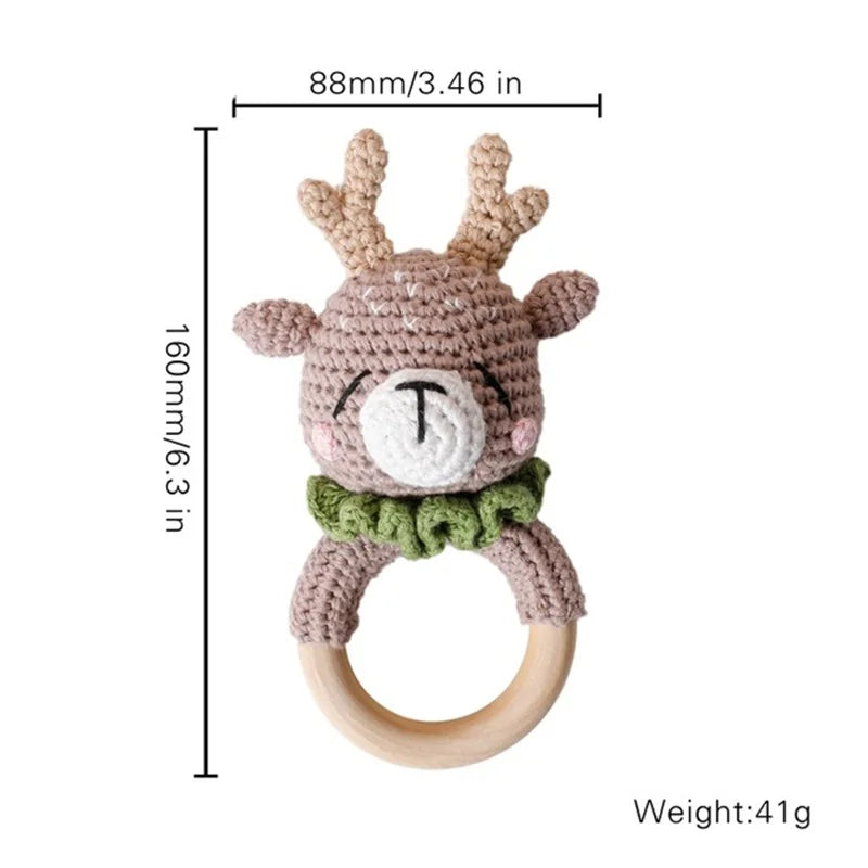 Baby Rattle Toys For Children 1Pc Smooth Beech Wood Teething Crochet Elk Fox Bear Teether Montessori Educational Toys For Kids