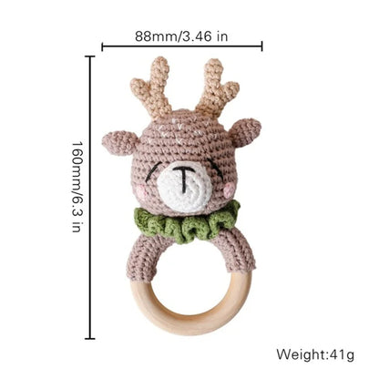 Baby Rattle Toys For Children 1Pc Smooth Beech Wood Teething Crochet Elk Fox Bear Teether Montessori Educational Toys For Kids