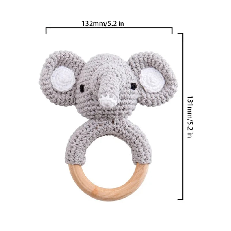 Baby Rattle Toys For Children 1Pc Smooth Beech Wood Teething Crochet Elk Fox Bear Teether Montessori Educational Toys For Kids