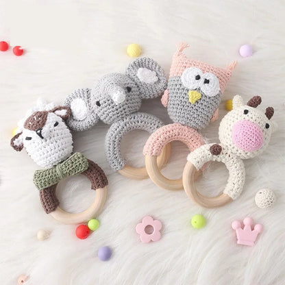 Baby Rattle Toys For Children 1Pc Smooth Beech Wood Teething Crochet Elk Fox Bear Teether Montessori Educational Toys For Kids