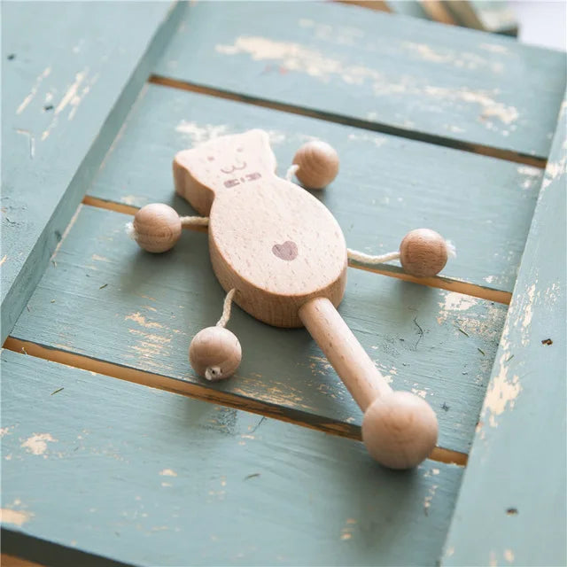 1pc Baby Toy Beech Bear Hand Teething Baby Rattles Wood Ring Cartoon Car Play Gym Montessori Stroller Toy Educational Toys