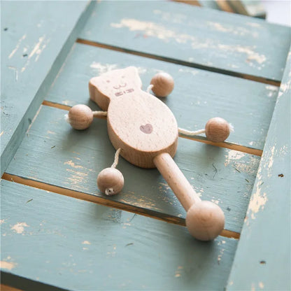 1pc Baby Toy Beech Bear Hand Teething Baby Rattles Wood Ring Cartoon Car Play Gym Montessori Stroller Toy Educational Toys