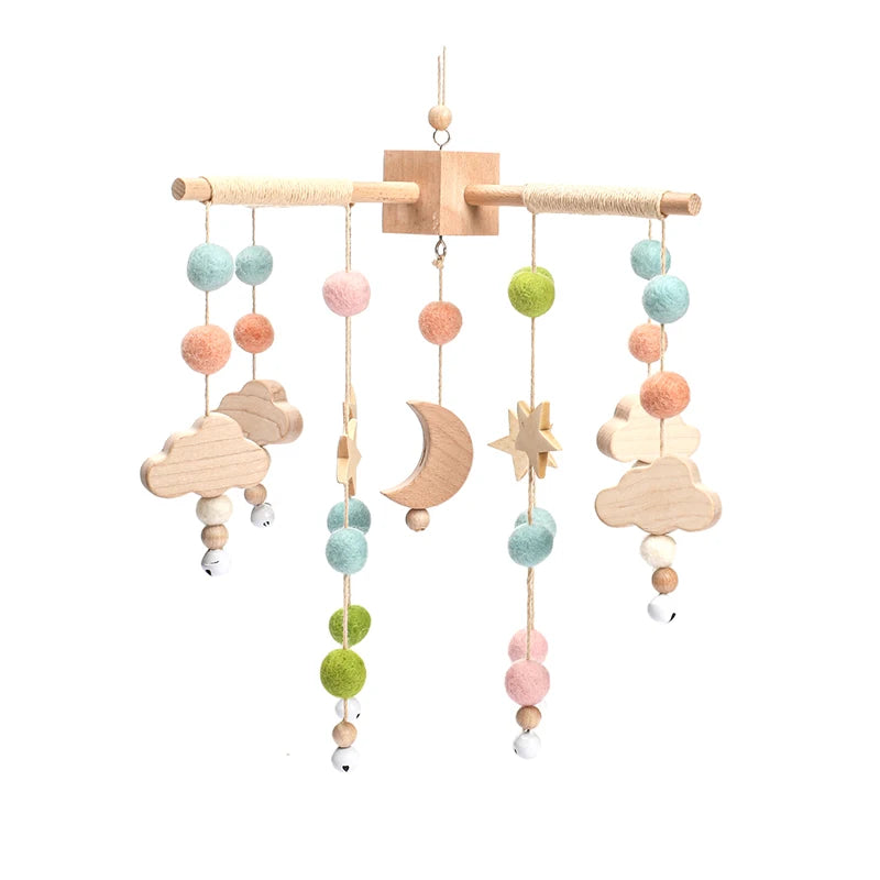 Baby Wooden Rattles Bed Bell Soft Felt Cartoon Elephant Cloudy Star Hanging Bed Bell Mobile Crib Montessori Education Toys