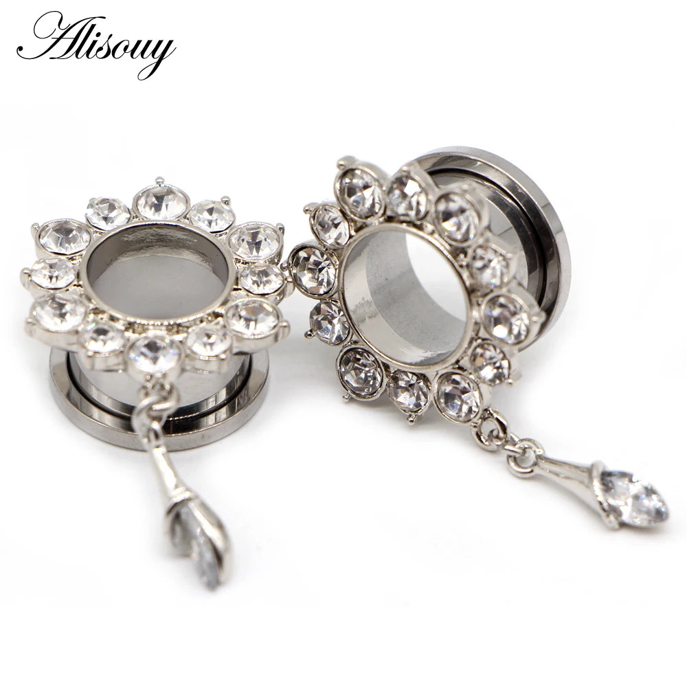 Alisouy 2pcs Water Drop Crystal Dangle Stainless Steel Ear Gauges Plugs Tunnel Expander Earring Stretcher Piercing Body Jewelry
