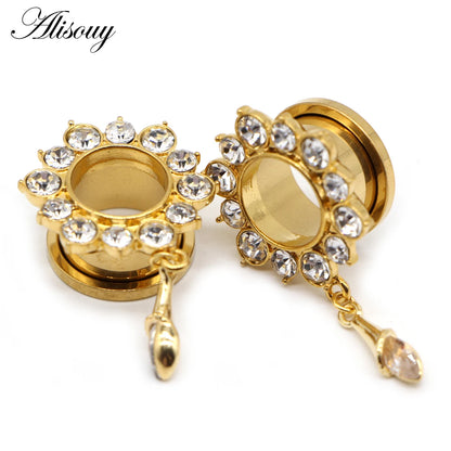Alisouy 2pcs Water Drop Crystal Dangle Stainless Steel Ear Gauges Plugs Tunnel Expander Earring Stretcher Piercing Body Jewelry