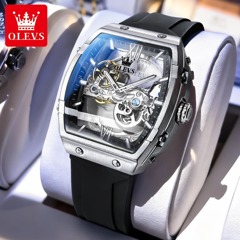 OLEVS 6779 Automatic Men Watch Skeleton 50mm Large Dial Waterproof Silicone Strap Mechanical Watch for Men