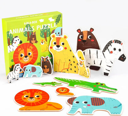 6 Packs Animals Shaped Wooden Jigsaw Puzzles for Toddlers Ages 2-5,Montessori Learning Toys Preschool Educational Activity