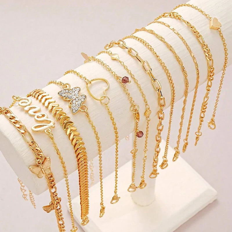 13pcs/Set Bohemian Heart Butterfly Rhinestone Anklet for Women Faux Turquoise Multi-Element Anklets Summer Beach Party Jewelry