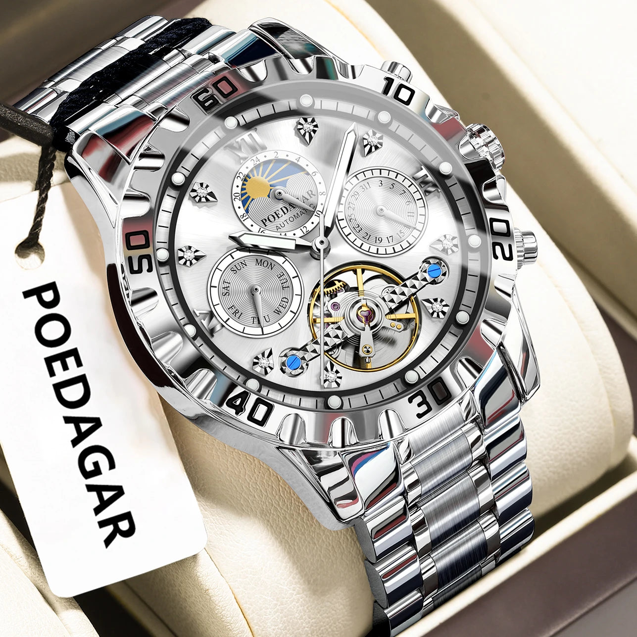 POEDAGAR Military Luxury Men Clock Mechanical Waterproof Man Watch Hollow Tourbillon Automatic Stainless Steel Men's Watches+Box