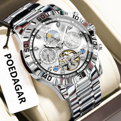 POEDAGAR Military Luxury Men Clock Mechanical Waterproof Man Watch Hollow Tourbillon Automatic Stainless Steel Men's Watches+Box