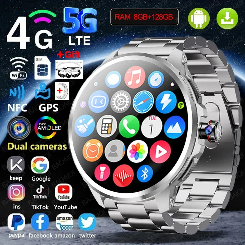 5G/4G Smart Watch 720*720 AMOLED 1.95 inch HD 900W Camera 8GB+128GB RAM 1990mAh Clock GPS WIFI Google APP Smartwatch Android 9.0