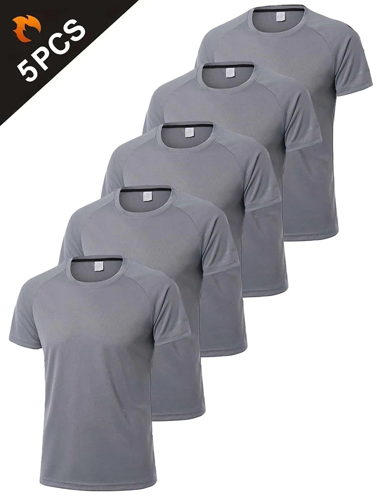 5 PCS Men's Casual Breathable Loose T-shirt, Crew Neck Short-Sleeve Top For Outdoor Gym Running,Quick-drying Sportswear