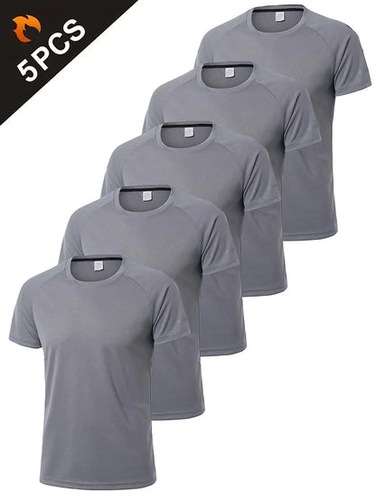 5 PCS Men's Casual Breathable Loose T-shirt, Crew Neck Short-Sleeve Top For Outdoor Gym Running,Quick-drying Sportswear
