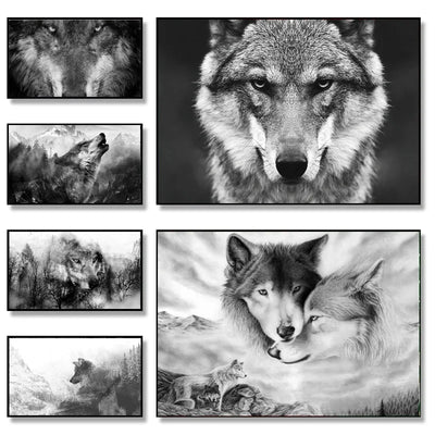 Nordic Style Forest Wolf Head Wall Art Pictures Wild Animals Posters Black White Canvas Painting Prints Office Home Room Decor
