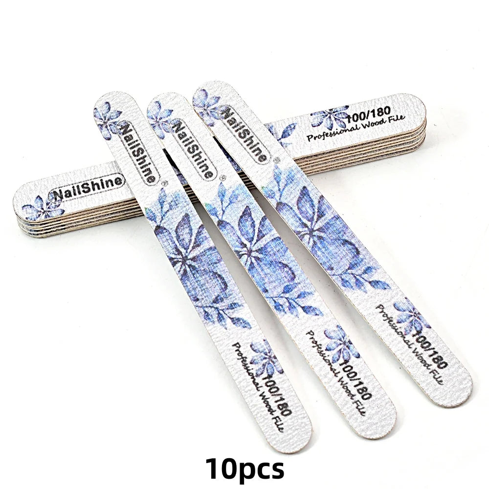 10pcs Set Wood Nail Buffer Reusable 100/180 Grit Smooth Straight Nail Files Floral Design Beautiful Nail Care Equipment