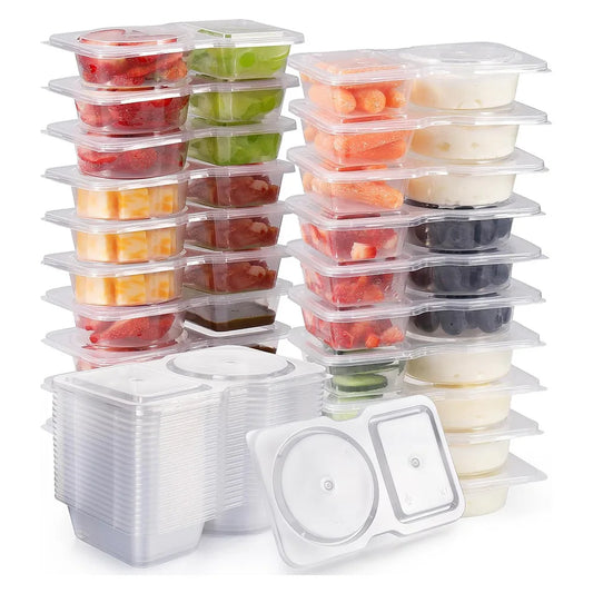 50pcs Collapsible Double Compartment Food Containers - Portable Kitchen&Picnic Essentials, Mini Fruit Tray, Transparent Storage