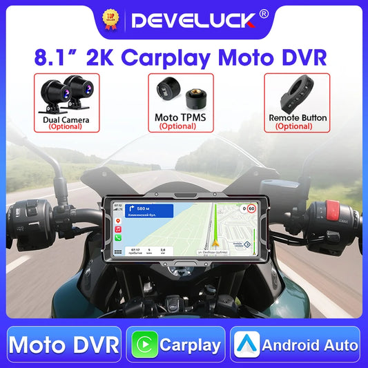 Develuck 8.1" Motorcycle DVR 2K Front Camera Navigation GPS Wireless Carplay Android Auto Moto Monitor with TPMS Sensor Dual BT