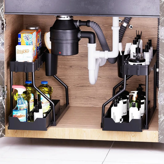 R-shaped Simple Kitchen Countertop Storage Rack, Bathroom Sink Under Storage Rack, Double-layer Pull-out Sink Rack Kitchen Items