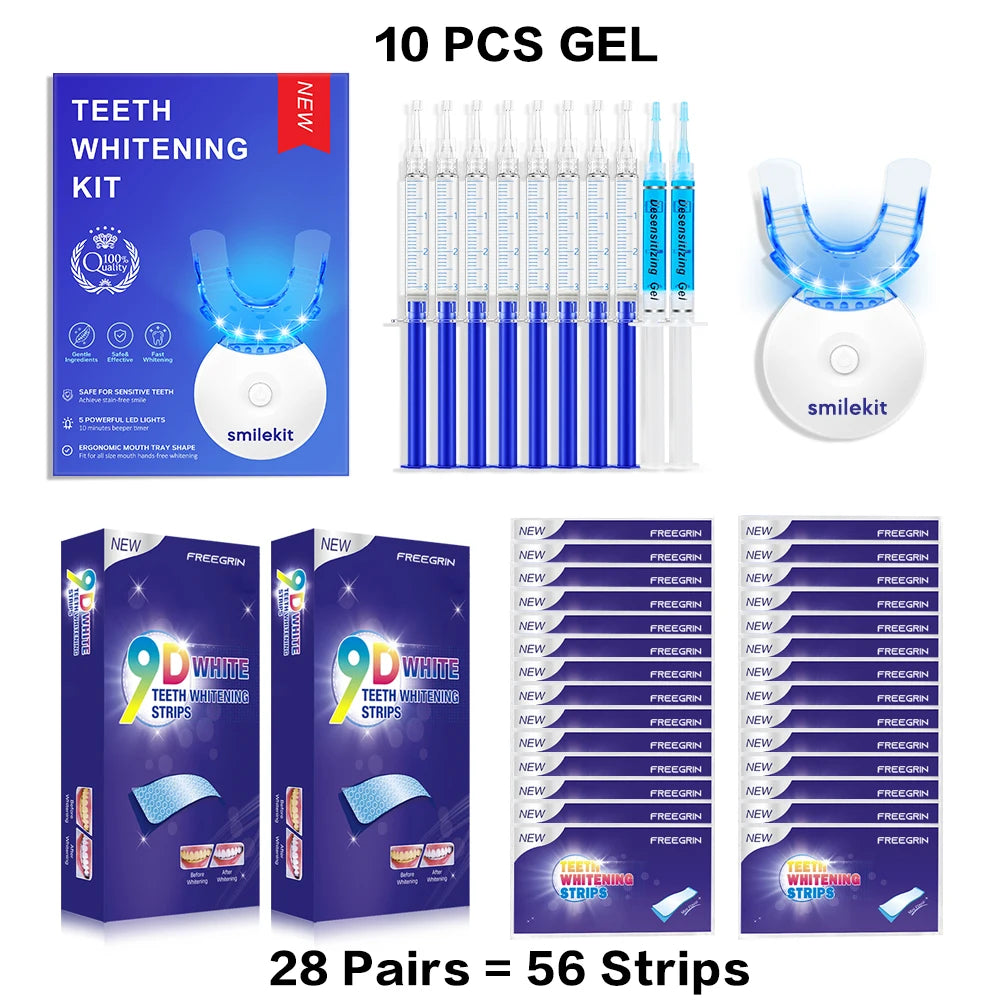 Teeth Whitening Kit - 5X LED Light Tooth Whitener, Mouth Trays, 3 Remineralizing Gel and 56 Teeth Whitening Strips