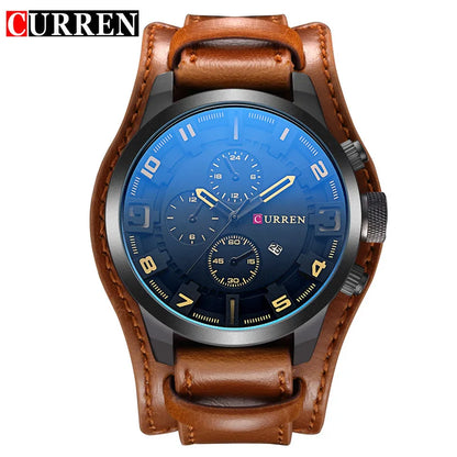 CURREN 8225 Luxury Large Dial Calendar Watch, Water-Resistant Blue Light Dial Quartz Leather Watch