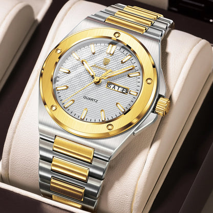 POEDAGAR High Quality Men Clock Date Week Waterproof Fashion Watch For Man Stainless Steel Luxury Men's Quartz Watches Reloj+Box