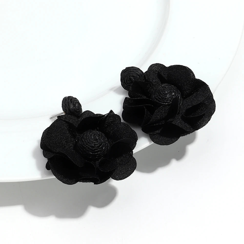 Summer Colorful Lafite Chiffon Flower Earrings for Women Boho Handwoven 3D Flower Fabric Drop Earring Beach Party Jewelry Gifts