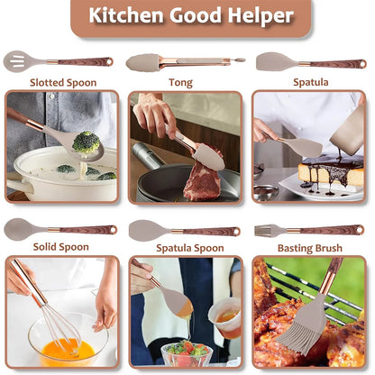 LMETJMA Silicone Kitchen Utensil Set 10 Pcs Cooking Utensil with Utensils Holder Wooden Pattern Handles Nonstick Cookware JT264