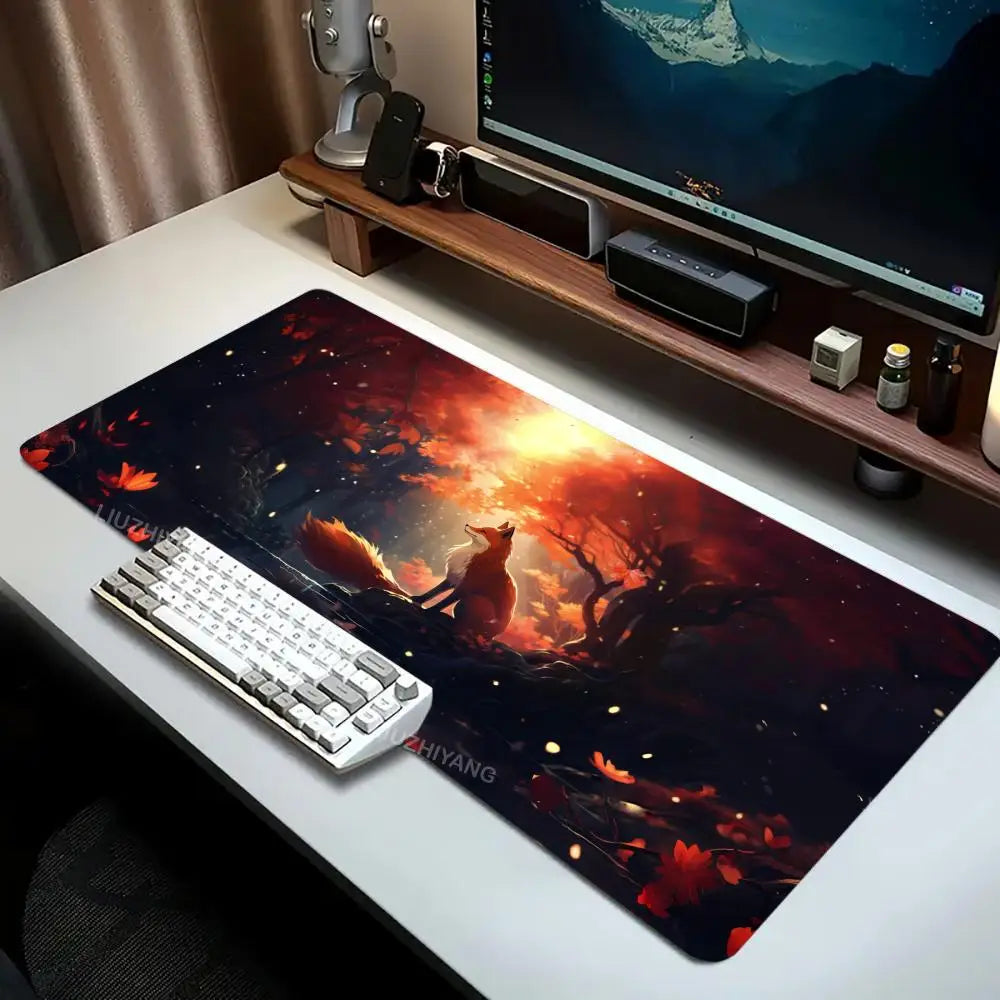Cute Fox Theme Mouse Pad Large Computer Office Game Table Mat XXL Rubber Non-slip Stitched Edge Keyboard Mats Washable Desk Pads