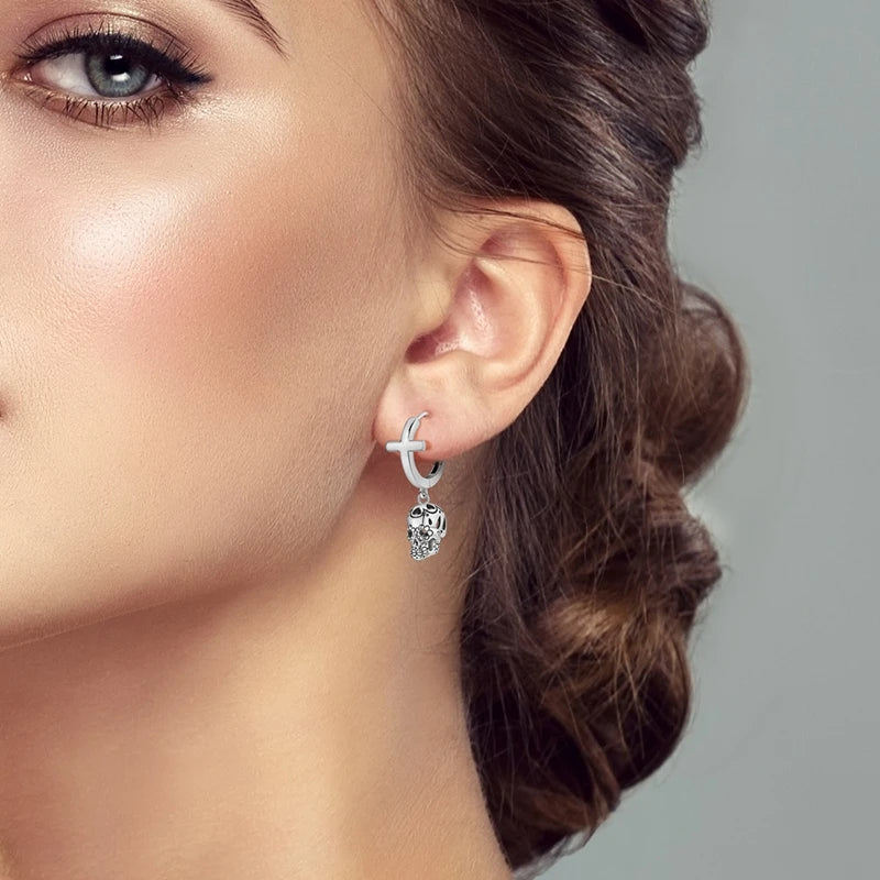 Halloween Earrings Ring Necklace 925 Sterling Silver Sparkling Skull Bow Stud Drop Earring For Women Men Halloween Party Jewelry