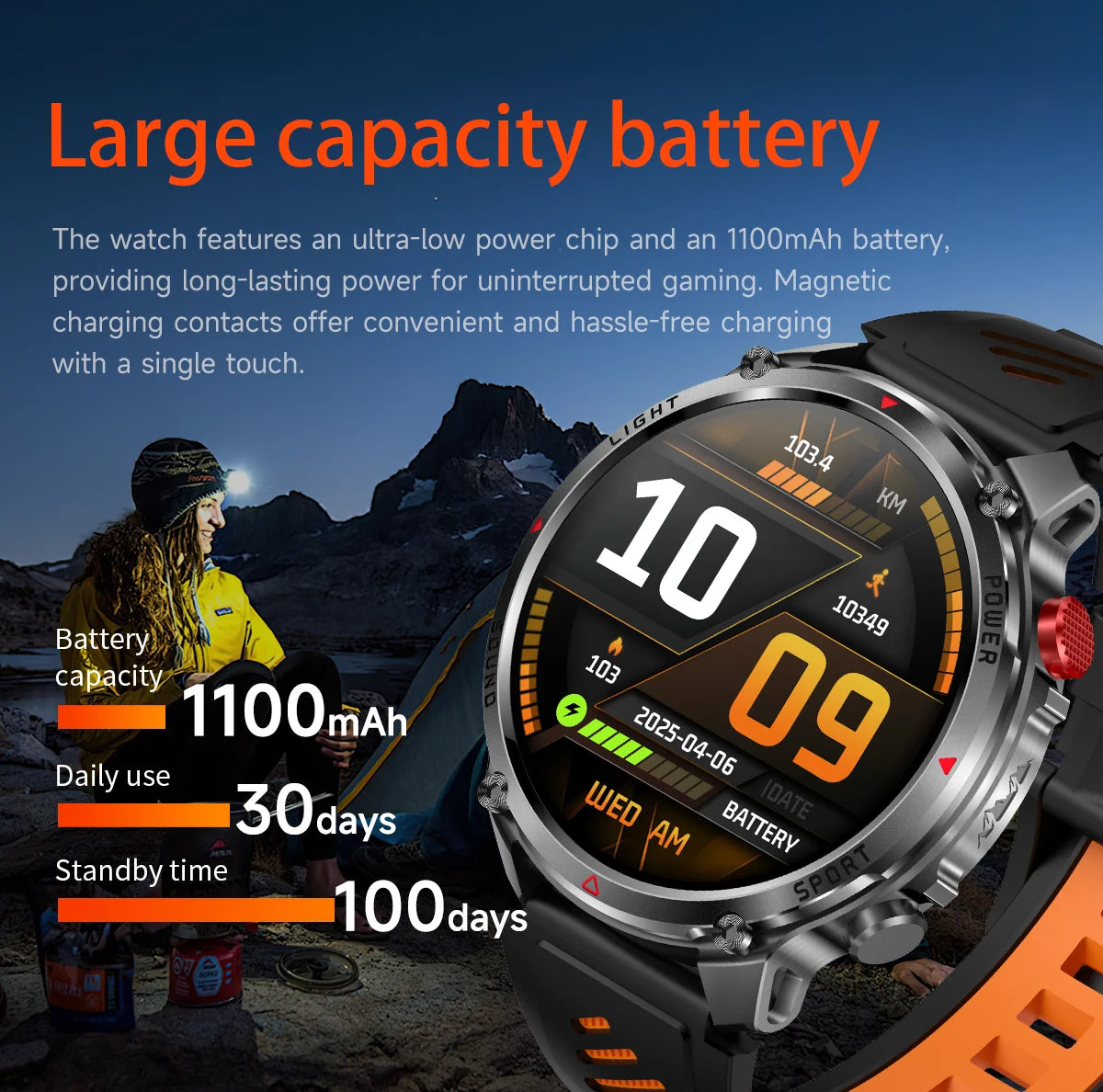 1100mAh Super Capacity Battery Military Outdoor Smart Watch Men 1.7inch Screen Compass Bluetooth Call 3ATM Waterproof SmartWatch