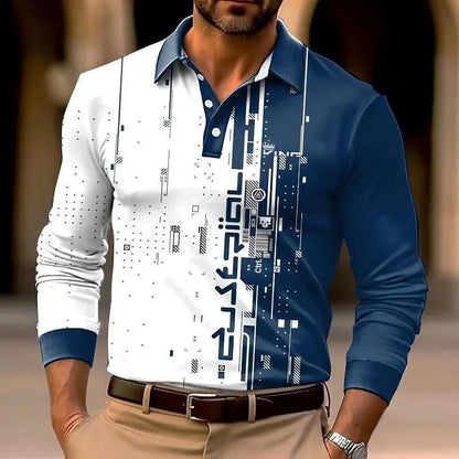 3D printed men's long sleeved polo shirt, suitable for business, leisure, and outdoor street wear in spring and summer