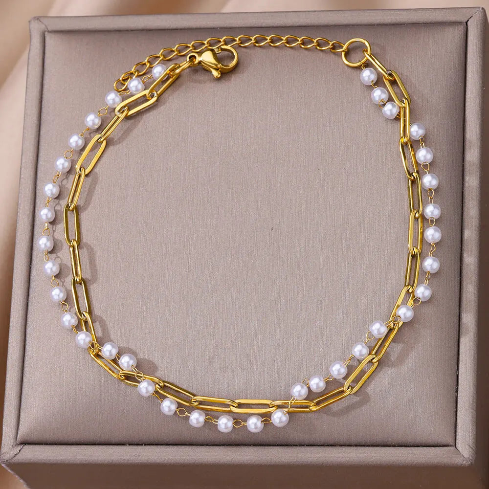 Zircon Cross Anklets For Women Gold Color Stainless Steel Cross Anklet Double Chain Summer Beach Party Jewelry Gift Accessories