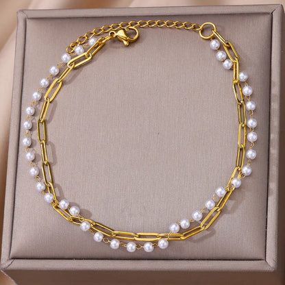 Zircon Cross Anklets For Women Gold Color Stainless Steel Cross Anklet Double Chain Summer Beach Party Jewelry Gift Accessories