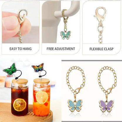 3pcs Accessories Set 1 Spill Proof Stopper Butterfly Straw Cover Boot 1 Straw and Brush and 1 Flower Charm Chain for Stanley Cup