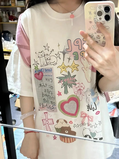 Loose Fit T-irt Cartoon Print Casual Top for Men and Women Y2k Fashion Kawaii Clothes Cute Graphic Printed Unisex T Shirt