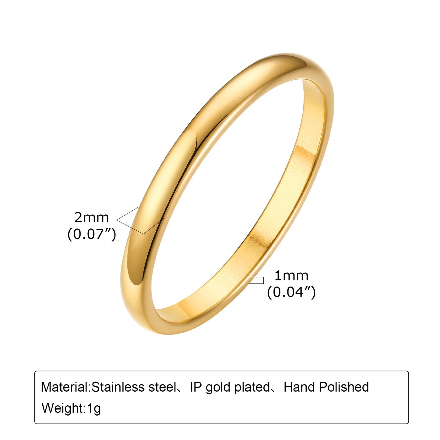 Set of 2 Stacking Ring for WomenStainless Steel 2mm Thin Gold Color Dome Shap Minimalist Jewelry