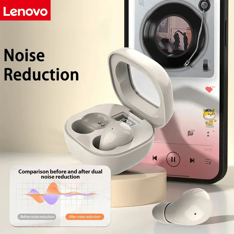 Lenovo Ultra Mini Bluetooth Earphones, Dual-Ear Sleep Gaming Earphones, Wireless in-Ear Noise Cancelling, HiFi Sound Quality